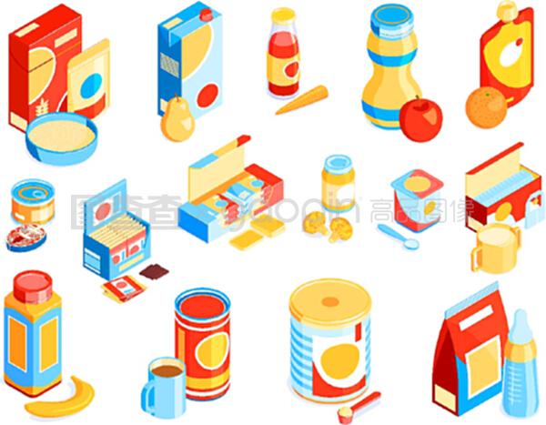 等距嬰兒食品顏色集,產(chǎn)品包裝色彩鮮艷的獨立圖片和未包裝的Childs餐矢量插圖